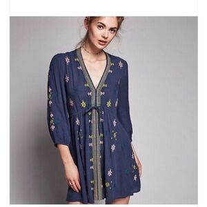 Free People Textured Navy Embroidered Dress with Floral Accents